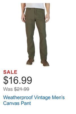 Costco Weatherproof vintage men's canvas pant offer