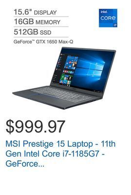 Costco Msi prestige 15 laptop - 11th gen intel core i7-1185g7 - geforce gtx 1650 max-q - 1080p offer
