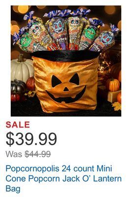 Costco Popcornopolis 24 count mini cone popcorn jack o' lantern bag offer