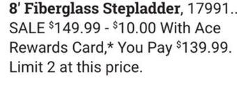 Ace Hardware 8' fiberglass stepladder offer