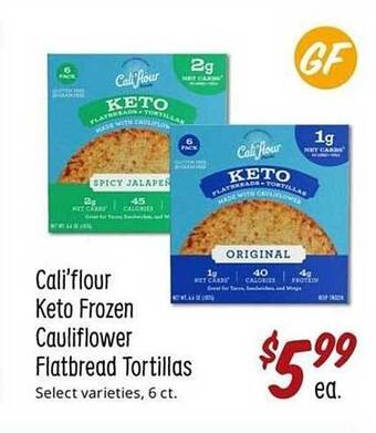 Sprouts Farmers Market Cali'flour keto frozen cauliflower flatbread tortillas offer