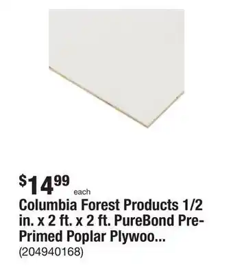 The Home Depot Columbia forest products 1/2 in. x 2 ft. x 2 ft. purebond pre-primed poplar plywood project panel (free custom cut available) offer
