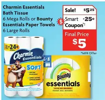 Family Dollar Charmin essentials bath tissue 6 mega rolls or bounty essentials paper towels 6 large rolls offer
