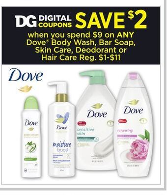 Dollar General Dove body wash, bar soap, skin care, deodorant or hair care offer