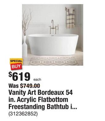 The Home Depot Vanity art bordeaux 54 in. acrylic flatbottom freestanding bathtub in white offer