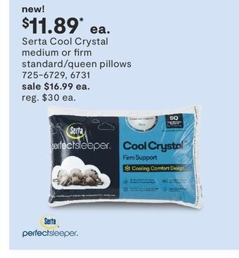 JC Penney Serta cool crystal medium or firm standard/queen pillows offer
