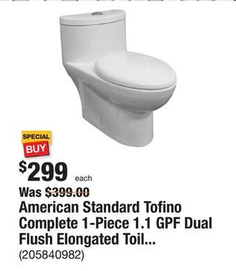 The Home Depot American standard tofino complete 1-piece 1.1 gpf dual flush elongated toilet in white with slow close seat offer