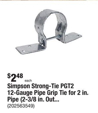 The Home Depot Simpson strong-tie pgt2 12-gauge pipe grip tie for 2 in. pipe (2-3/8 in. outside diameter) offer
