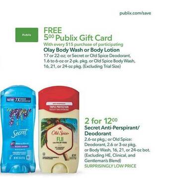 Publix Olay body wash or body lotion, secret anti-perspirant-deodorant offer