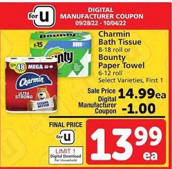 Safeway Charmin bath tissue or bounty paper towel offer