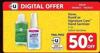 Safeway Dove, purell or signature care hand sanitizer offer