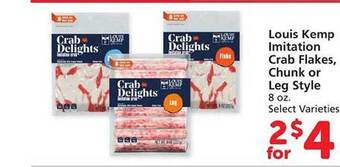 Safeway Louis kemp imitation crab flakes, chunk or leg style offer