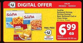 Safeway Seapak battered shrimp, shrimp scampi, beer battered cod or clam strips offer