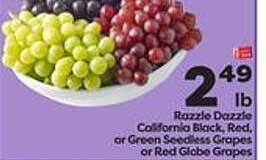 Weis Markets Razzle dazzle california black, red, or green seedless grapes or red globe grapes offer