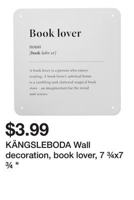 Ikea Kängsleboda wall decoration, book lover, 7 ¾x7 ¾ " offer