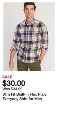 Old Navy Slim fit built-in flex plaid everyday shirt for men offer