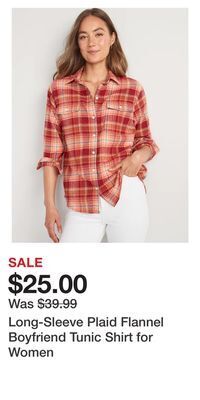 Old Navy Long-sleeve plaid flannel boyfriend tunic shirt for women offer