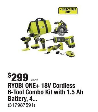 The Home Depot Ryobi one+ 18v cordless 6-tool combo kit with 1.5 ah battery, 4.0 ah battery, and charger offer