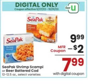 Albertsons Seapak shrimp scampi or beer battered cod offer