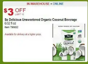 Costco So Delicious Unsweetened Organic Coconut Beverage offer