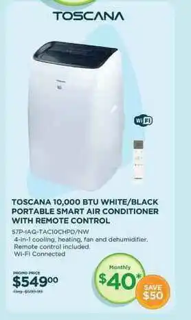Curacao Toscana 10.000 Btu White Black Portable Smart Air Conditioner With Remote Control offer