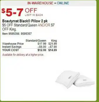 Costco Beauty Black Pillow 2 Pk offer