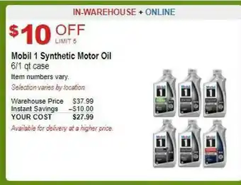 Costco Mobil 1 Synthetic Motor Oil 6-1 Qt Case offer