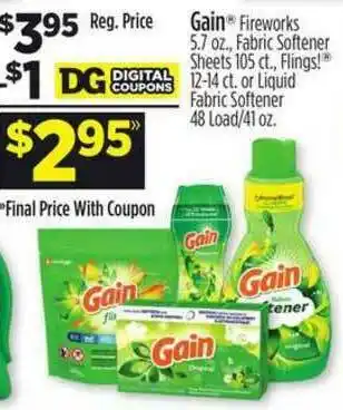 Dollar General Gain Fireworks Fabric Softener Sheets Flings Or Liquid Fabric Softener offer