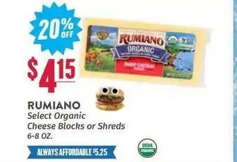 Natural Grocers Rumiano Select Organic Cheese Blocks Or Shreds 20% Off offer