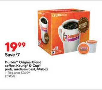 Staples Dunkin Original Blend Coffee Keurig K-cup Pods Medium Roast offer