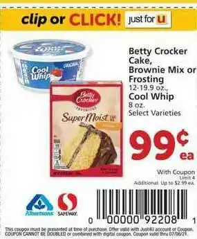 Albertsons Betty Crocker Cake, Brownie Mix Or Frosting Cool Whip offer