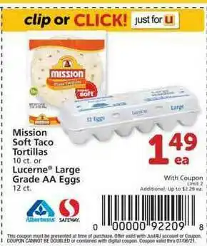 Albertsons Mission Soft Taco Tortillas Or Lucerne Large Grade Aa Eggs offer