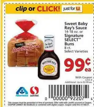 Albertsons Sweet Baby Ray's Sauce Or Signature Select Buns offer