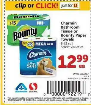Albertsons Charmin Bathroom Tissue Or Bounty Paper Towels offer