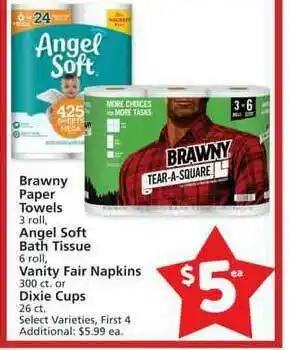 Albertsons Brawny Paper Towels Angel Soft Bath Tissue Vanity Fair Napkins Or Dixie Cups offer