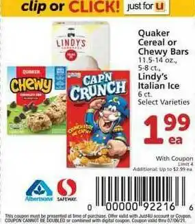 Albertsons Quaker Cereal Or Chewy Bars, Lindy's Italian Ice offer