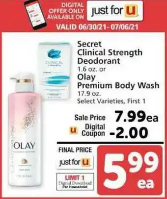 Albertsons Secret Clinical Strength Deodorant Or Olay Premium Body Wash offer