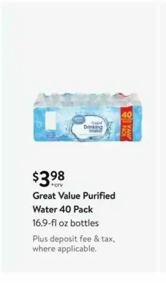 Walmart Great Value Purified Water 40 Pack 16.9-Fl Oz Bottles offer