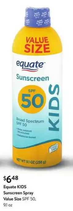 Walmart Equate Kids Sunscreen Spray Value Size SPF 50, 9.1 Oz offer
