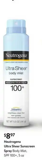 Walmart Neutrogena Ultra Sheer Sunscreen Spray Body Mist, SPF 100+, 5 Oz offer