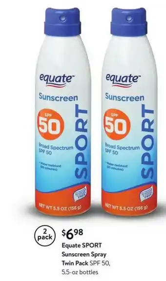 Walmart Equate Sport Sunscreen Spray Twin Pack SPF 50, 5.5-Oz Bottles offer