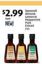 Aldi Stonemill almond lemon or peppermint pure extract offer