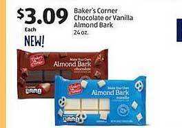 Aldi Baker's corner chocolate or vanilla almond bark offer