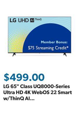 Sam's Club Lg 65" class uq8000-series ultra hd 4k webos 22 smart w/thinq ai led tv - 65uq8000aub offer