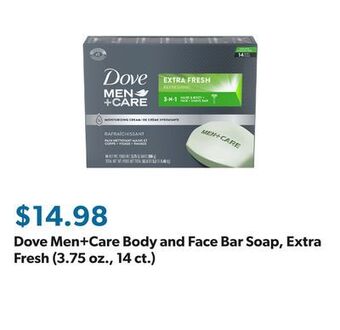 Sam's Club Dove men+care body and face bar soap, extra fresh (3.75 oz., 14 ct.) offer