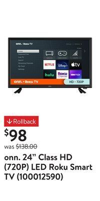 Walmart Onn. 24" class hd (720p) led roku smart tv (100012590) offer