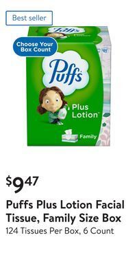 Walmart Puffs plus lotion facial tissue, family size box offer