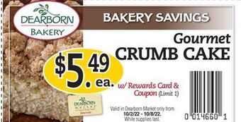 Dearborn Market Gourmet crumb cake offer