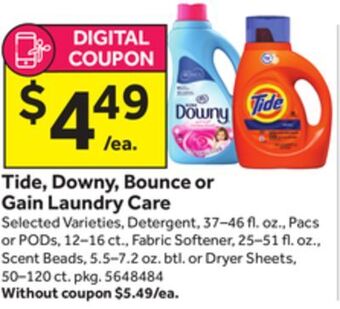 Stop&Shop Tide, downy, bounce or gain laundry care offer