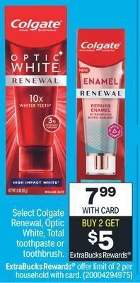 CVS Select colgate renewal, optic white, total toothpaste or toothbrush offer